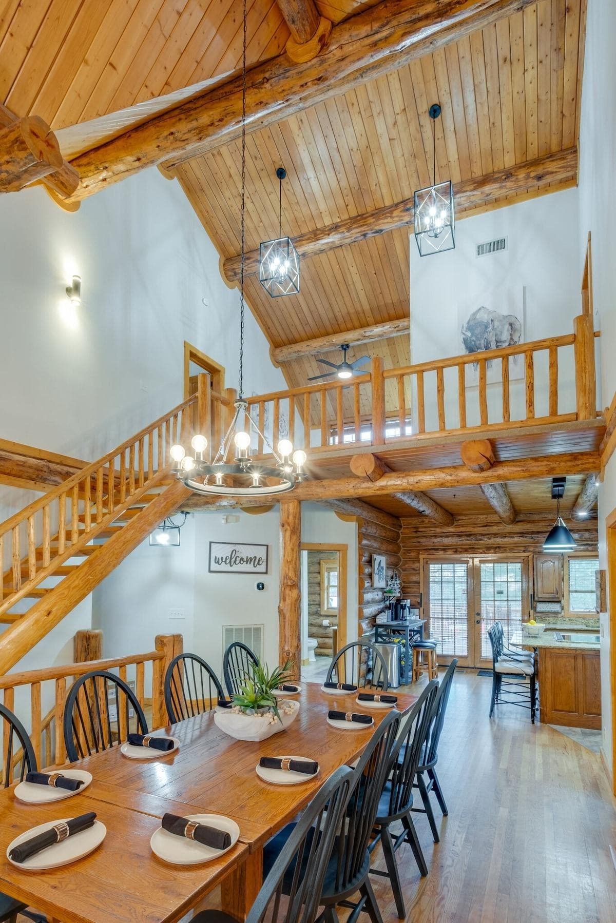 22ft ceilings & a table for 10 with a beautiful loft area